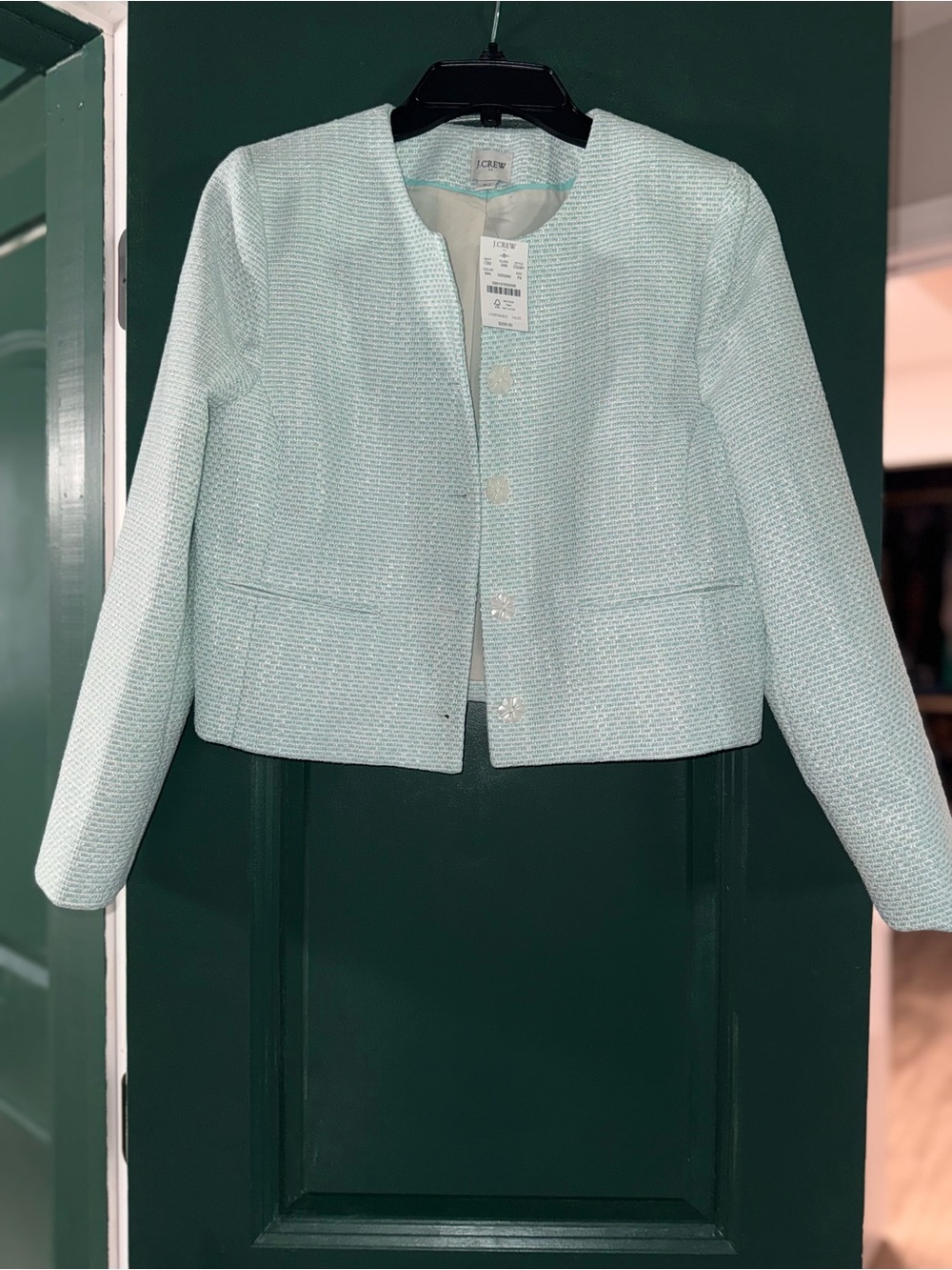 J. Crew Mint Tweed Cropped Collarless Jacket